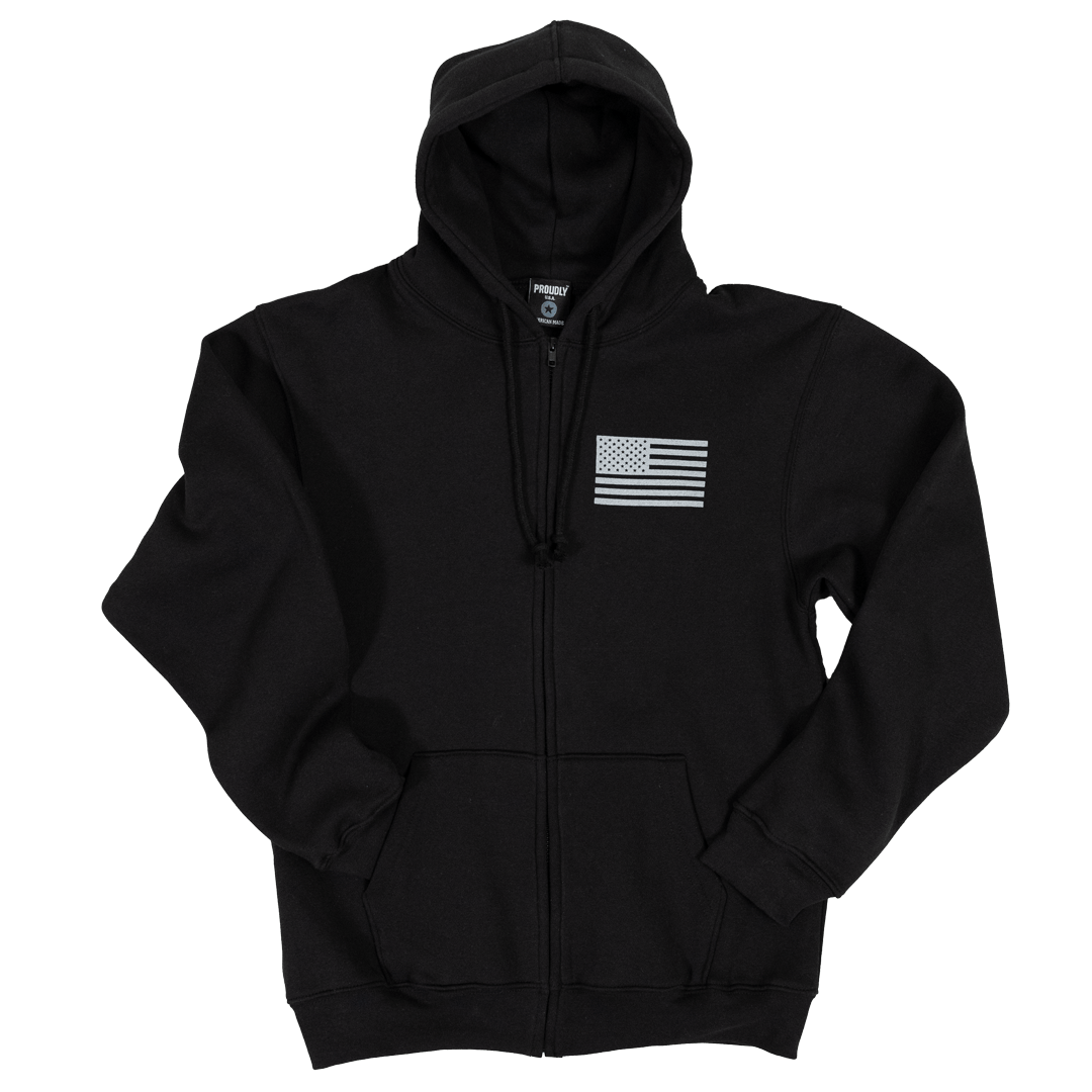 Black heavyweight zipper hoodie, made in USA, American Flag graphic on left chest