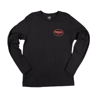 Black long sleeve 100% combed ring-spun cotton t-shirt - red  Proudly USA graphic - made in USA