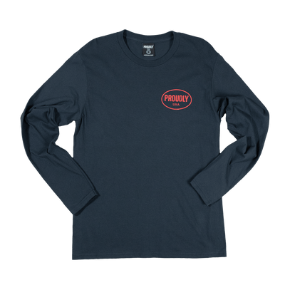 Navy long sleeve 100% combed ring-spun cotton t-shirt - red Proudly USA graphic - made in USA