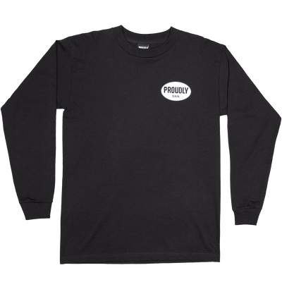 Black heavyweight 100% open end cotton long sleeve t-shirt with left chest patriotic graphic