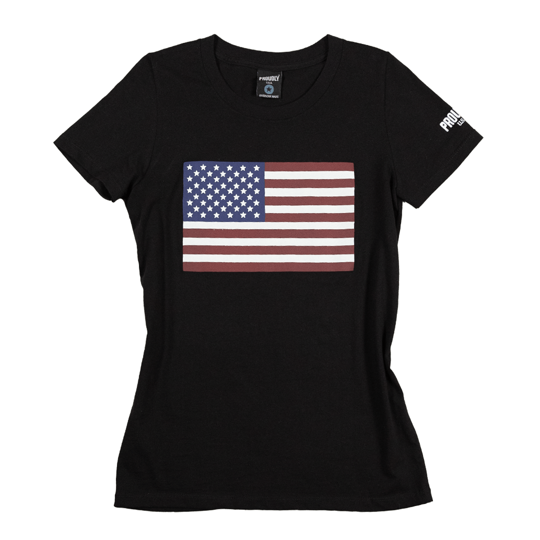 Women's patriotic American flag graphic t-shirt - black crewneck - made in USA