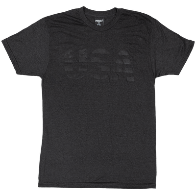 Heather black tri-blend t-shirt with subtle black-on-black USA graphic on chest