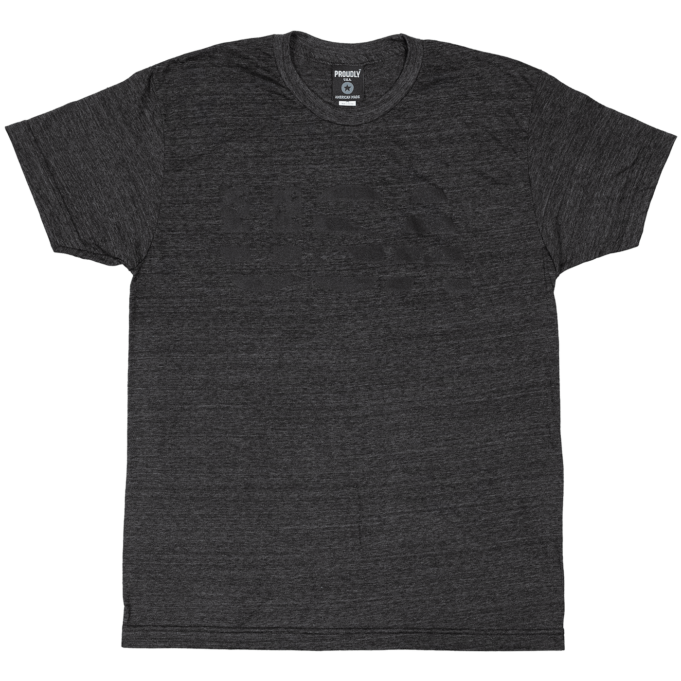Heather charcoal tri-blend t-shirt with subtle black-on-charcoal USA graphic on chest