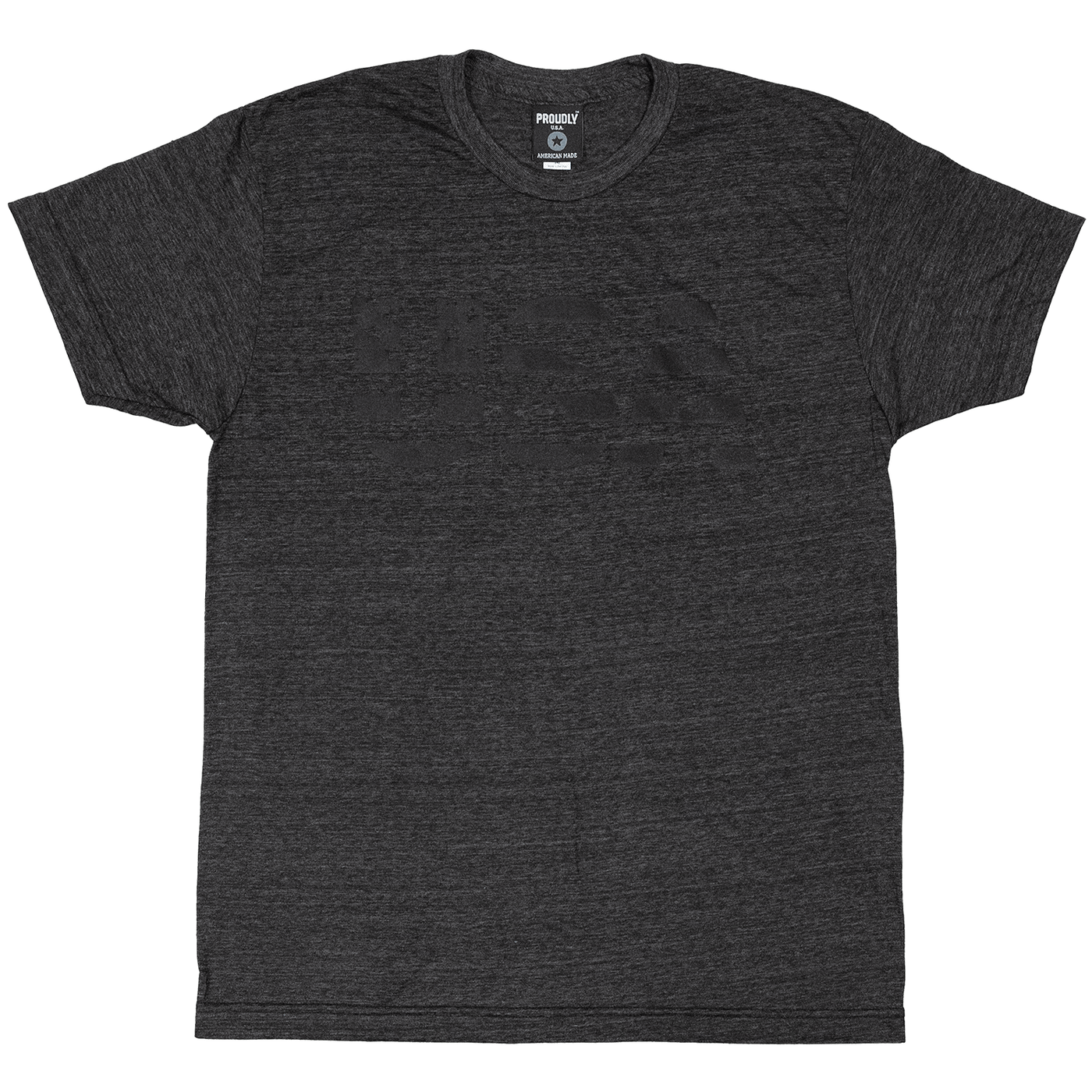 Heather charcoal tri-blend t-shirt with subtle black-on-charcoal USA graphic on chest