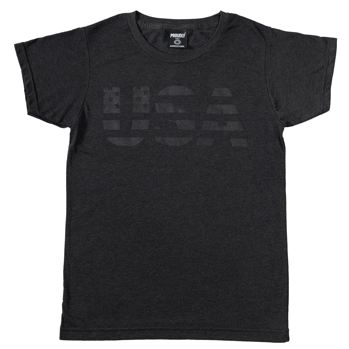 Women's heather black tri-blend t-shirt with subtle black-on-black USA graphic on chest