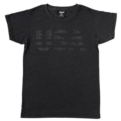 Women's heather black tri-blend t-shirt with subtle black-on-black USA graphic on chest