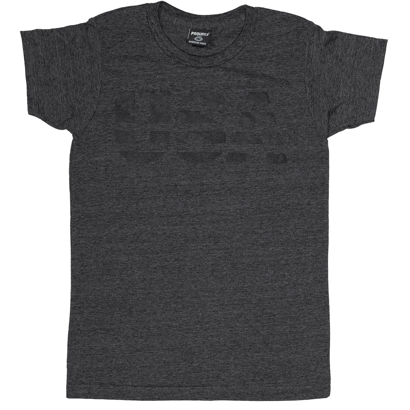 Women's heather charcoal tri-blend t-shirt with subtle black-on-charcoal USA graphic on chest