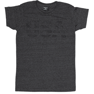 Women's heather charcoal tri-blend t-shirt with subtle black-on-charcoal USA graphic on chest