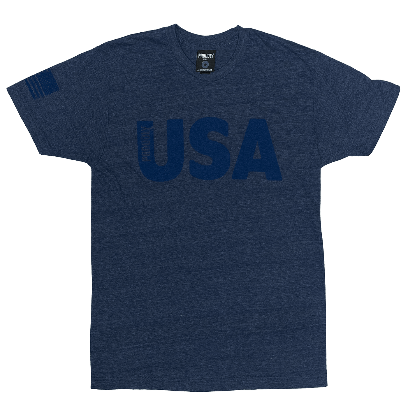 Heather Denim Blue Tri-Blend T-Shirt With Patriotic USA Graphics Printed on Chest and Sleeve