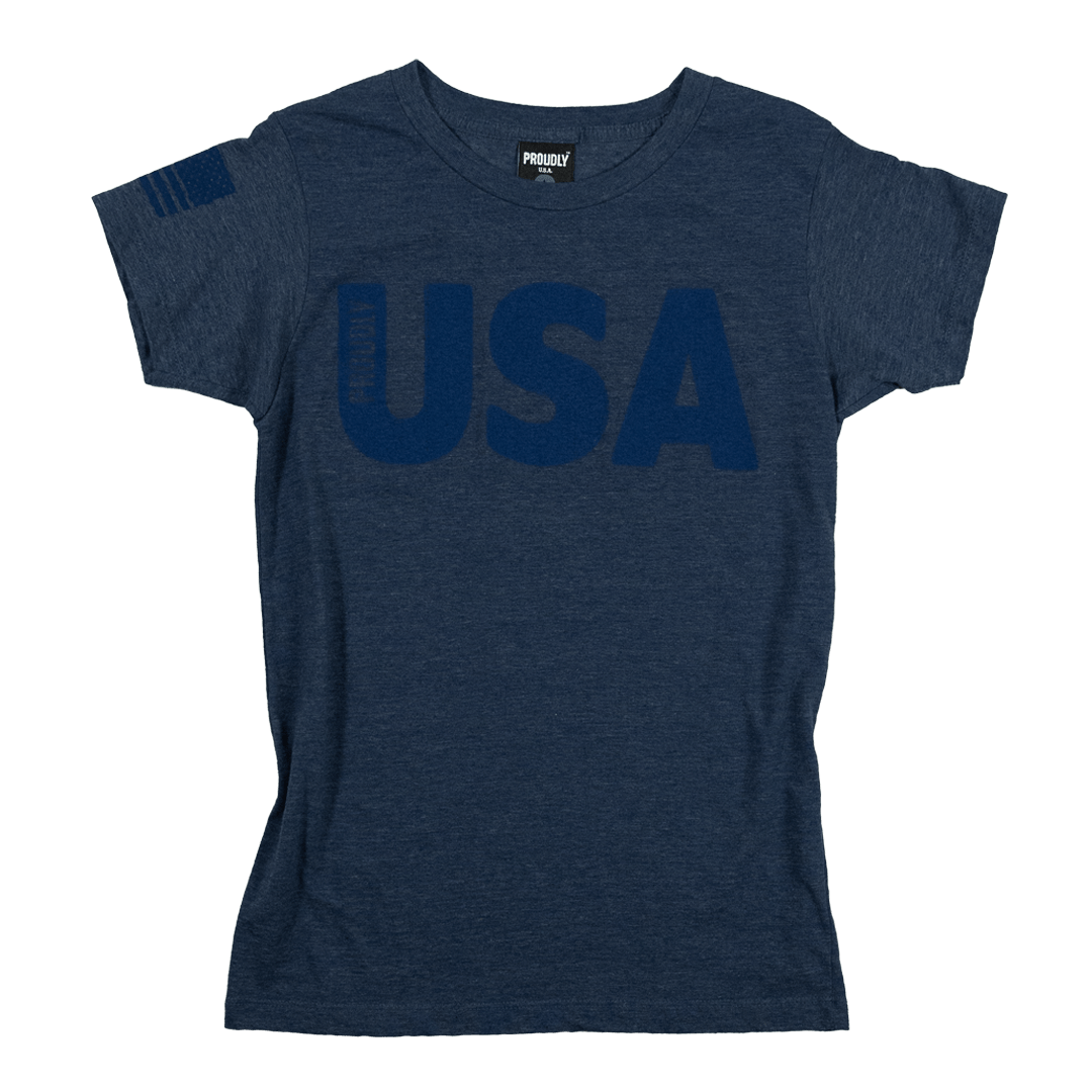 Women's Heather Denim Blue Tri-Blend T-Shirt With Patriotic USA Graphics Printed on Chest and Sleeve