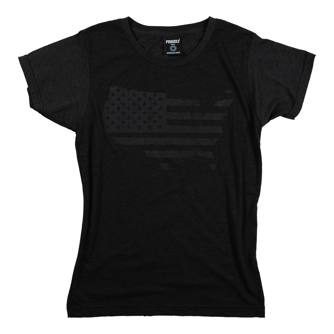 Women's Heather black tri-blend t-shirt with subtle black-on-black USA graphic on chest