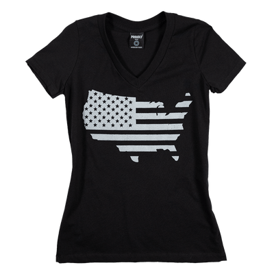 Women's Black 100% Cotton V-Neck T-Shirt with Patriotic USA Flag Graphic in Gray - Made in USA